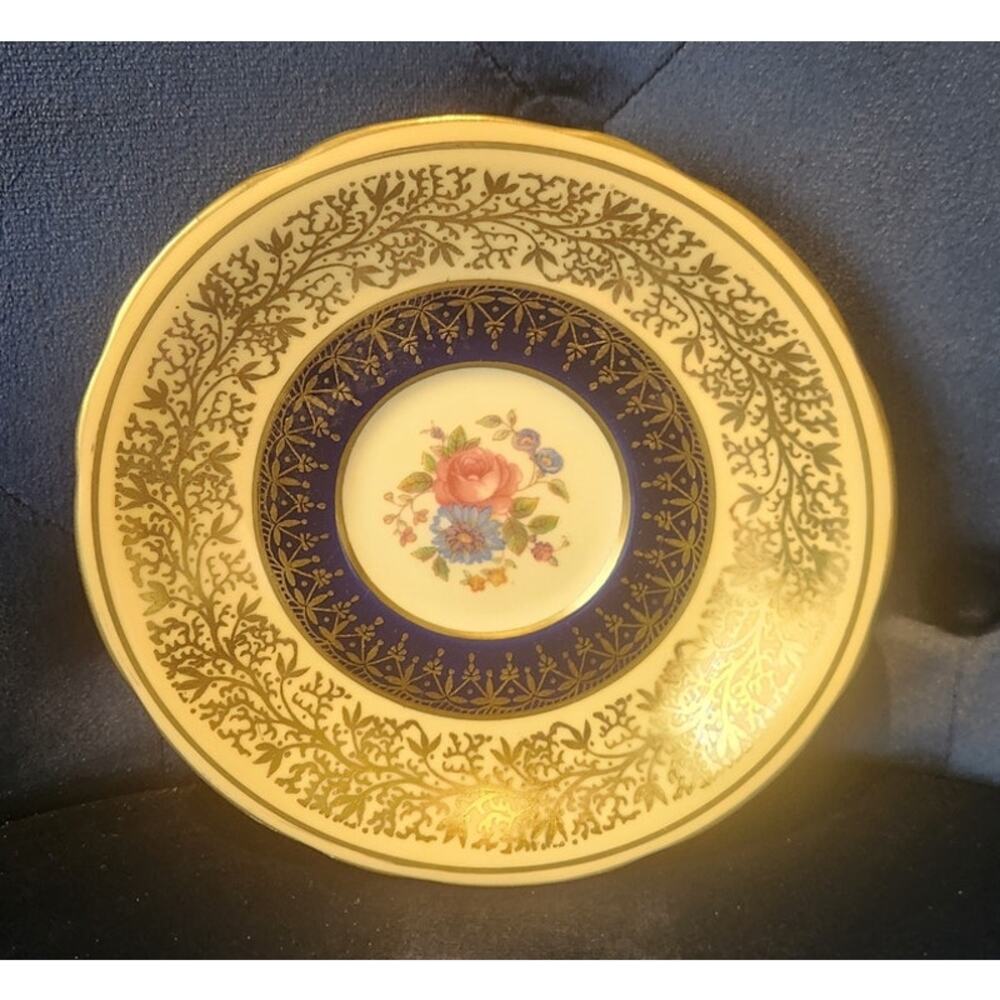 Aynsley England Bone China Saucer Cobalt Blue Heavy Gold Filigree Floral Center